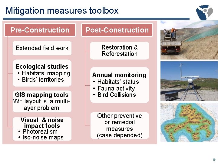 Mitigation measures toolbox Pre-Construction Extended field work Ecological studies • Habitats’ mapping • Birds’