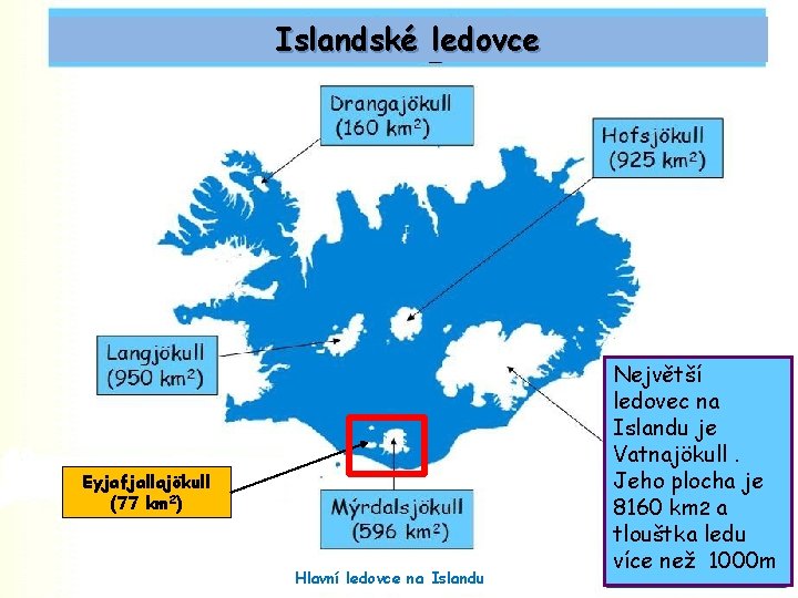 Islandské ledovce Eyjafjallajökull (77 km 2) Hlavní ledovce na Islandu Největší ledovec na Islandu