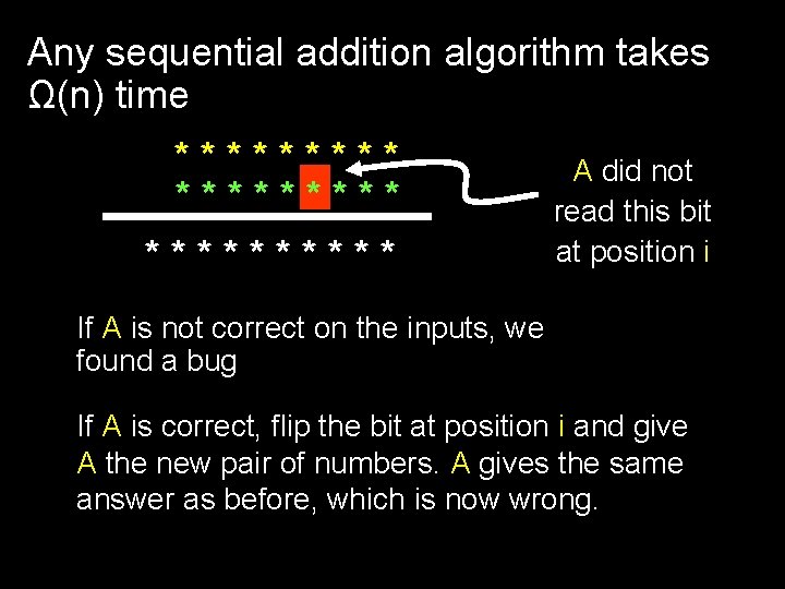 Any sequential addition algorithm takes Ω(n) time ********* A did not read this bit