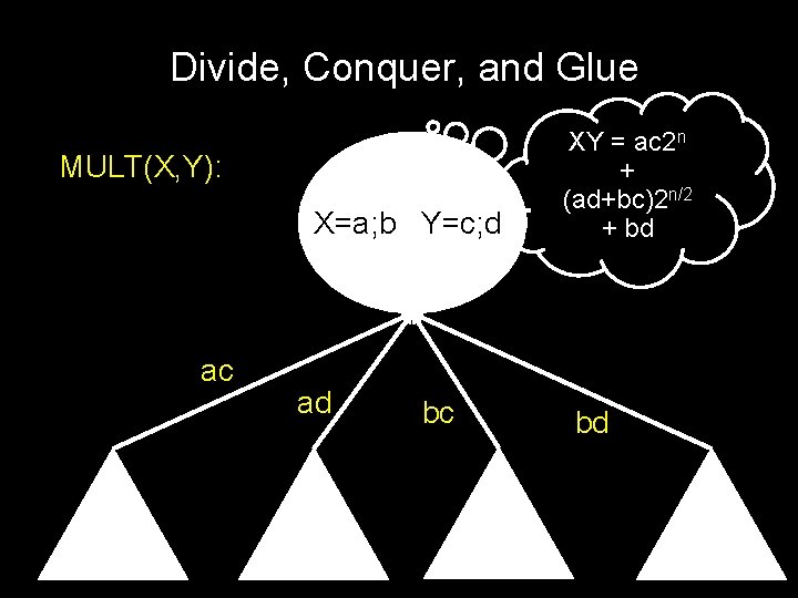 Divide, Conquer, and Glue MULT(X, Y): X=a; b Y=c; d ac ad bc XY