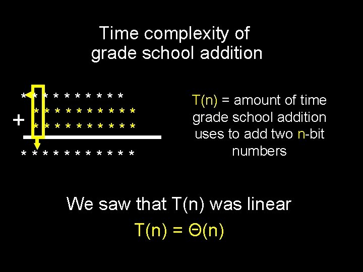 Time complexity of grade school addition ***** * * + *********** T(n) = amount