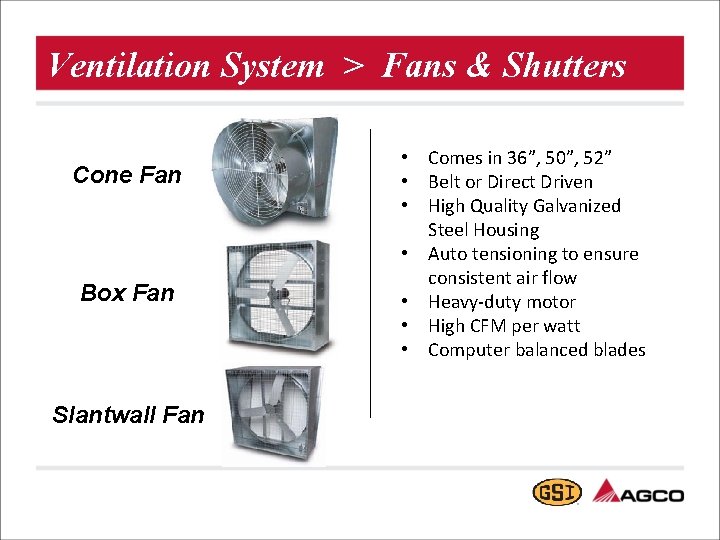 Ventilation System > Fans & Shutters Cone Fan Box Fan Slantwall Fan • Comes