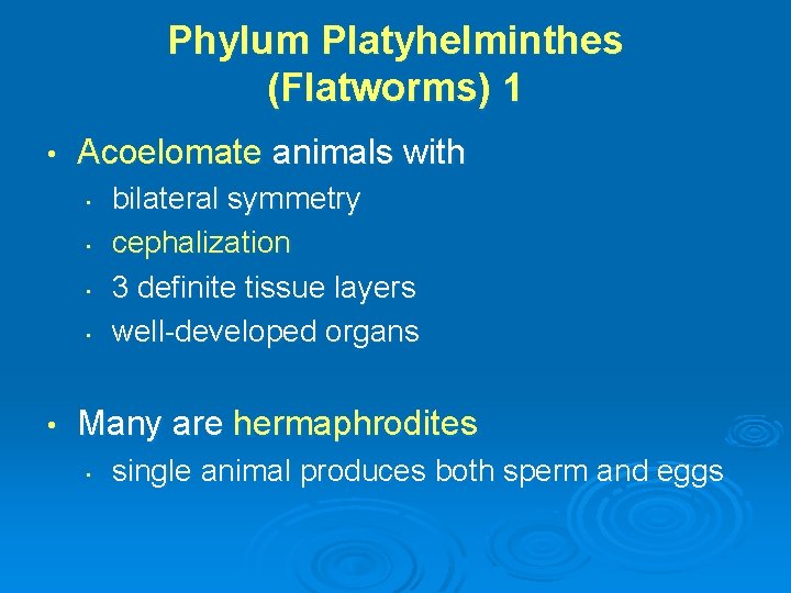 Phylum Platyhelminthes (Flatworms) 1 • Acoelomate animals with • • • bilateral symmetry cephalization