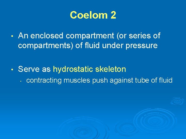 Coelom 2 • An enclosed compartment (or series of compartments) of fluid under pressure