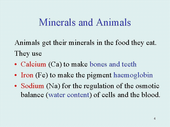 Minerals and Animals get their minerals in the food they eat. They use •