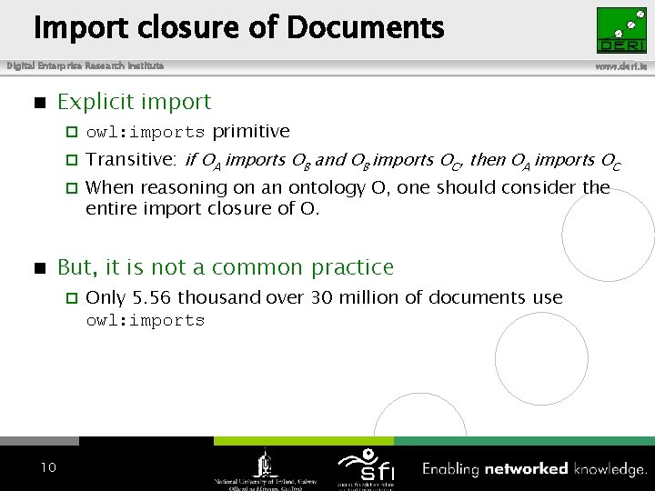 Import closure of Documents Digital Enterprise Research Institute Explicit import owl: imports primitive Transitive: