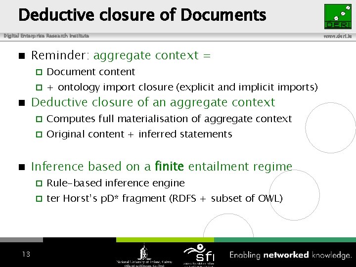 Deductive closure of Documents Digital Enterprise Research Institute 13 Reminder: aggregate context = Document