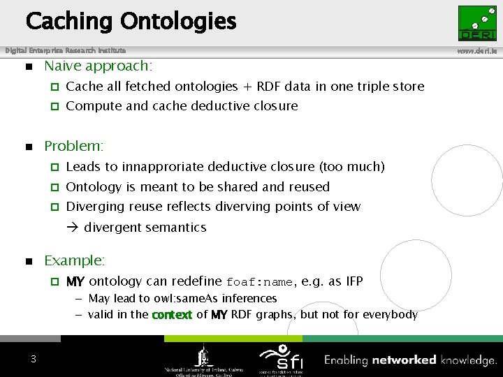 Caching Ontologies Digital Enterprise Research Institute Naive approach: Cache all fetched ontologies + RDF