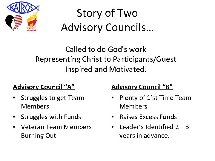 Story of Two Advisory Councils… Called to do God’s work Representing Christ to Participants/Guest
