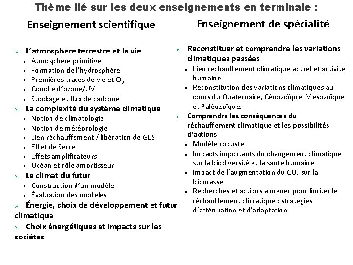 Thème lié sur les deux enseignements en terminale : Enseignement de spécialité Enseignement scientifique