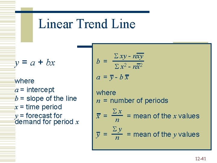 Linear Trend Line y = a + bx where a = intercept b =