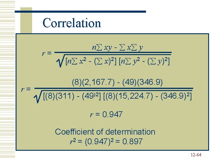 Correlation r= r= n xy - x y [n x 2 - ( x)2]