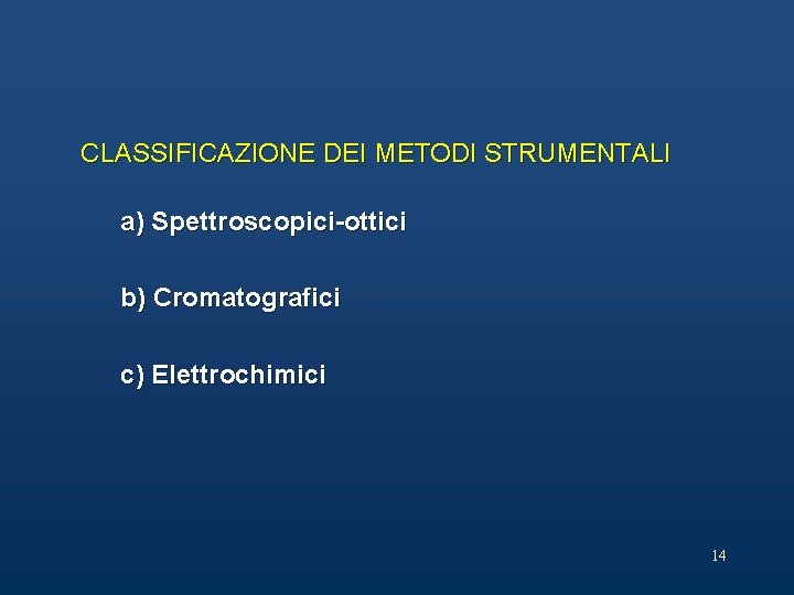 CLASSIFICAZIONE DEI METODI STRUMENTALI a) Spettroscopici-ottici b) Cromatografici c) Elettrochimici 14 