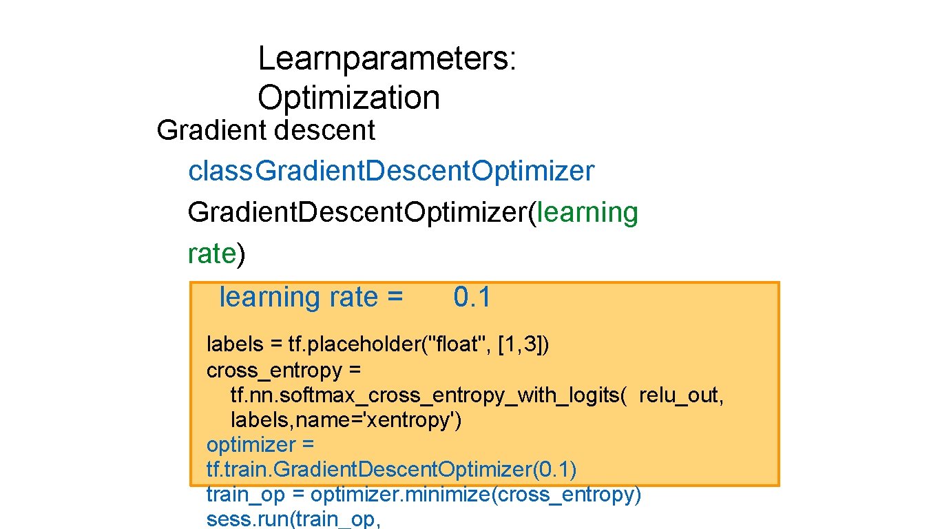 Learnparameters: Optimization Gradient descent class. Gradient. Descent. Optimizer(learning rate) learning rate = 0. 1