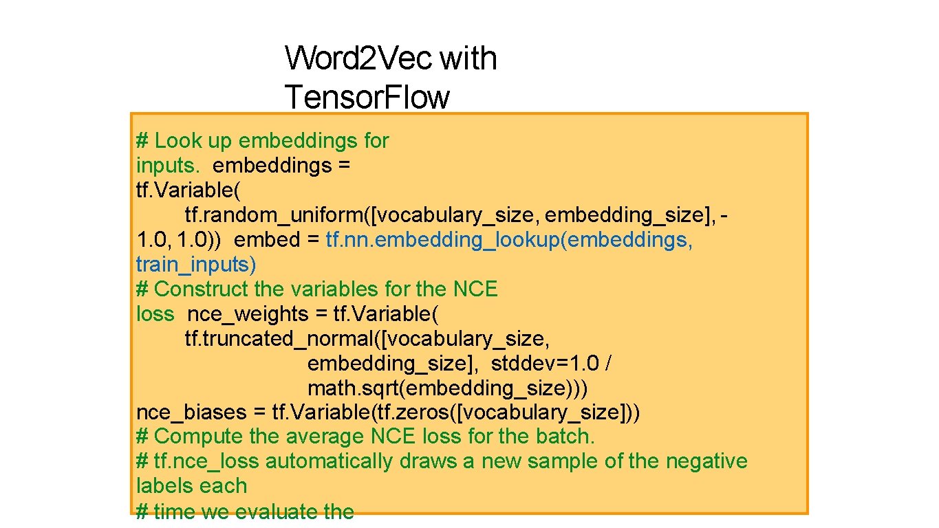 Word 2 Vec with Tensor. Flow # Look up embeddings for inputs. embeddings =