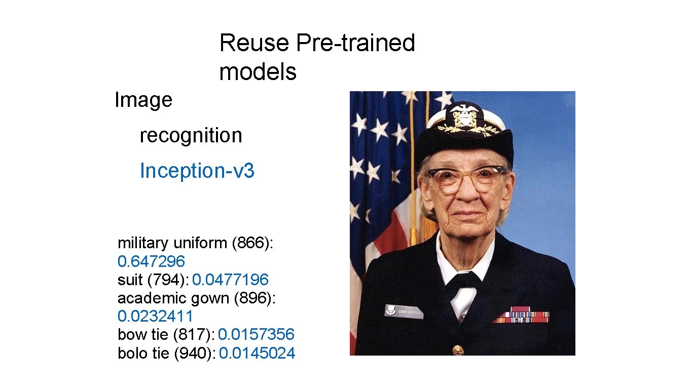 Reuse Pre-trained models Image recognition Inception-v 3 military uniform (866): 0. 647296 suit (794):