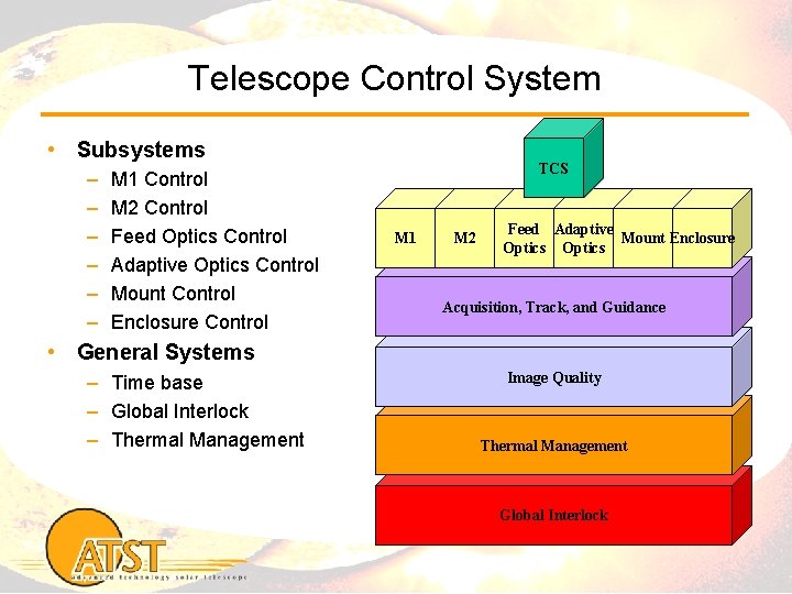Telescope Control System • Subsystems – – – M 1 Control M 2 Control
