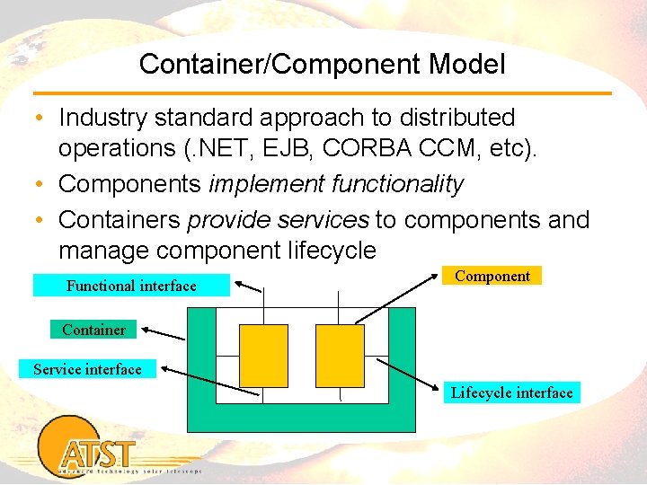 Container/Component Model • Industry standard approach to distributed operations (. NET, EJB, CORBA CCM,