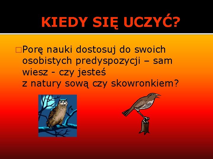 KIEDY SIĘ UCZYĆ? �Porę nauki dostosuj do swoich osobistych predyspozycji – sam wiesz -