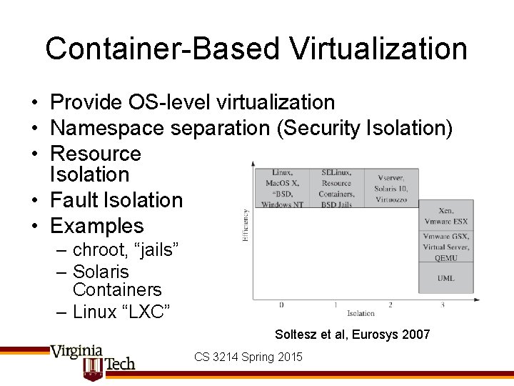 Container-Based Virtualization • Provide OS-level virtualization • Namespace separation (Security Isolation) • Resource Isolation