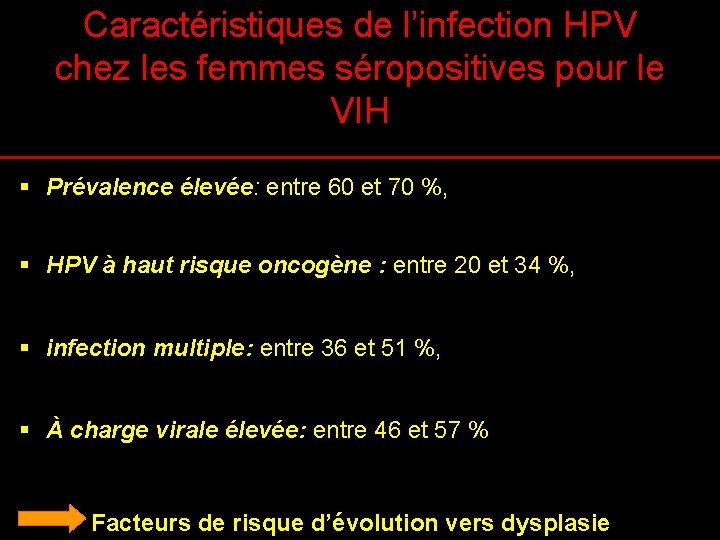 Caractéristiques de l’infection HPV chez les femmes séropositives pour le VIH § Prévalence élevée: