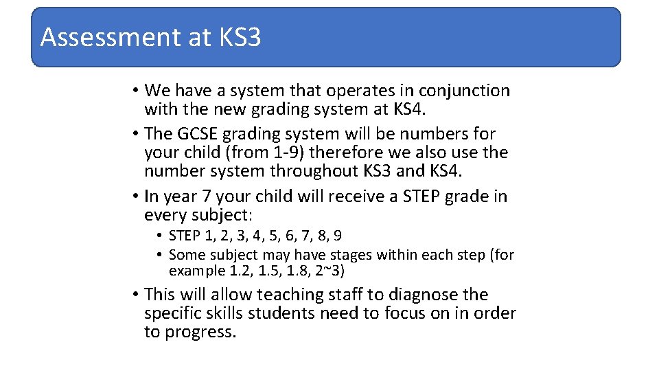 Assessment at KS 3 • We have a system that operates in conjunction with Assessment at KS 3 • We have a system that operates in conjunction with