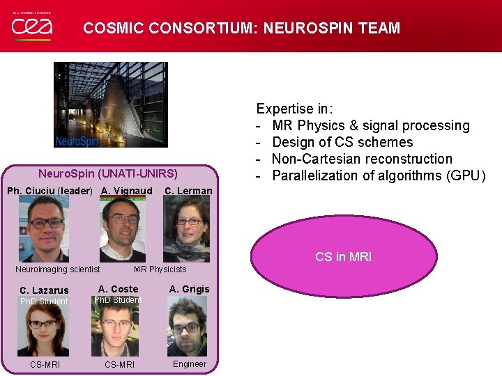 COSMIC CONSORTIUM: NEUROSPIN TEAM Neuro. Spin (UNATI-UNIRS) Ph. Ciuciu (leader) A. Vignaud Expertise in: