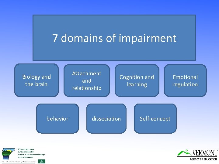7 domains of impairment Biology and the brain behavior Attachment and relationship Cognition and
