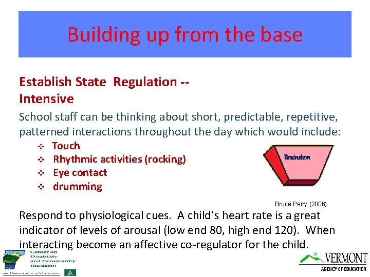 Building up from the base Establish State Regulation -Intensive School staff can be thinking