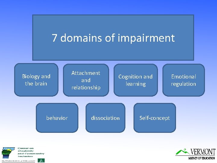 7 domains of impairment Biology and the brain behavior Attachment and relationship Cognition and