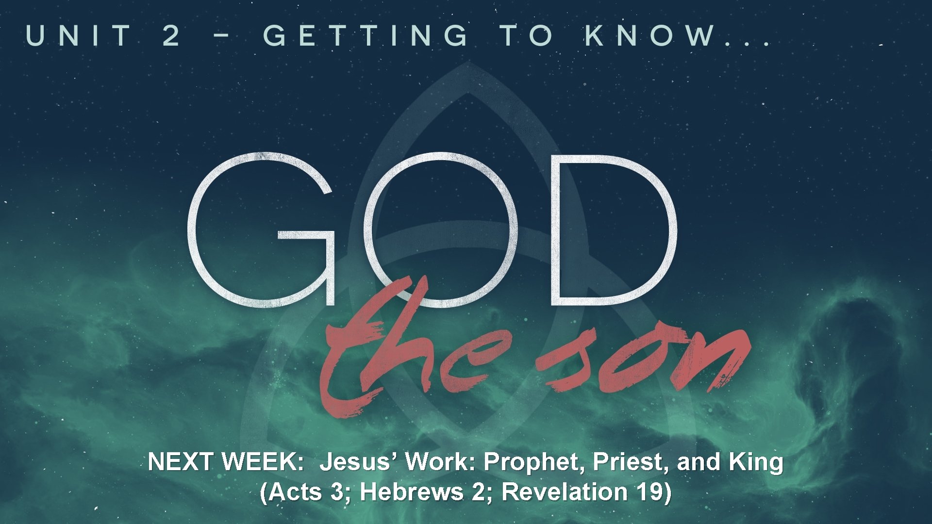 NEXT WEEK: Jesus’ Work: Prophet, Priest, and King (Acts 3; Hebrews 2; Revelation 19) NEXT WEEK: Jesus’ Work: Prophet, Priest, and King (Acts 3; Hebrews 2; Revelation 19)