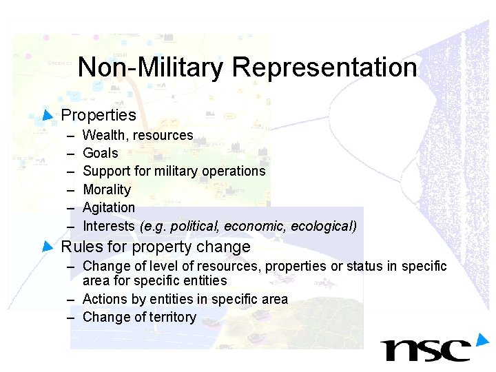 Non-Military Representation Properties – – – Wealth, resources Goals Support for military operations Morality Non-Military Representation Properties – – – Wealth, resources Goals Support for military operations Morality