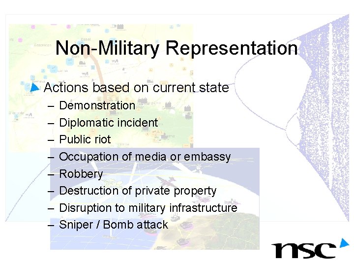 Non-Military Representation Actions based on current state – – – – Demonstration Diplomatic incident Non-Military Representation Actions based on current state – – – – Demonstration Diplomatic incident