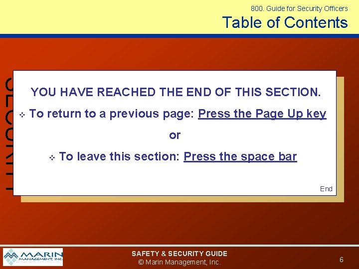 800. Guide for Security Officers Table of Contents SECURITY v YOU HAVE REACHED THE