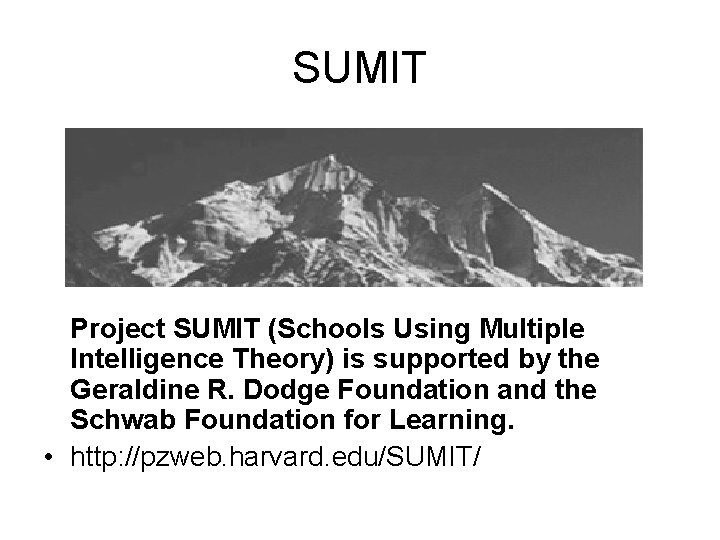 SUMIT Project SUMIT (Schools Using Multiple Intelligence Theory) is supported by the Geraldine R.