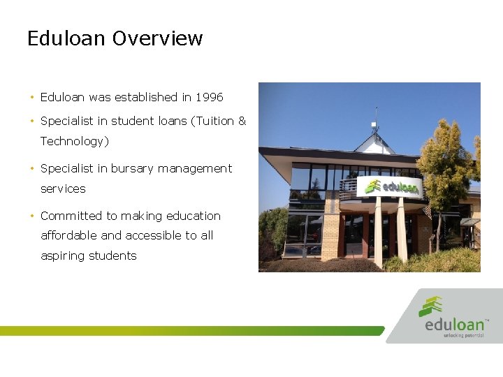 Eduloan Overview • Eduloan was established in 1996 • Specialist in student loans (Tuition