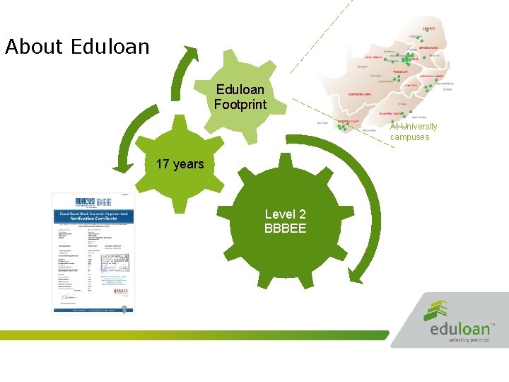 About Eduloan Footprint At University campuses 17 years Level 2 BBBEE 