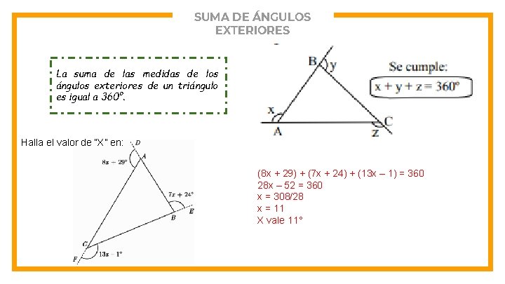 SUMA DE ÁNGULOS EXTERIORES La suma de las medidas de los ángulos exteriores de