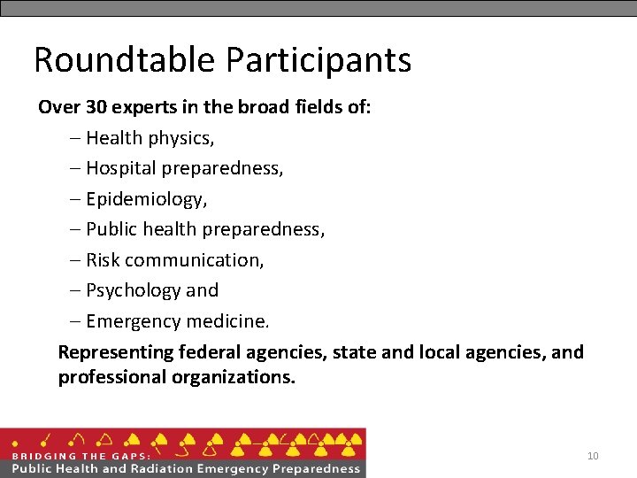 Roundtable Participants Over 30 experts in the broad fields of: – Health physics, –