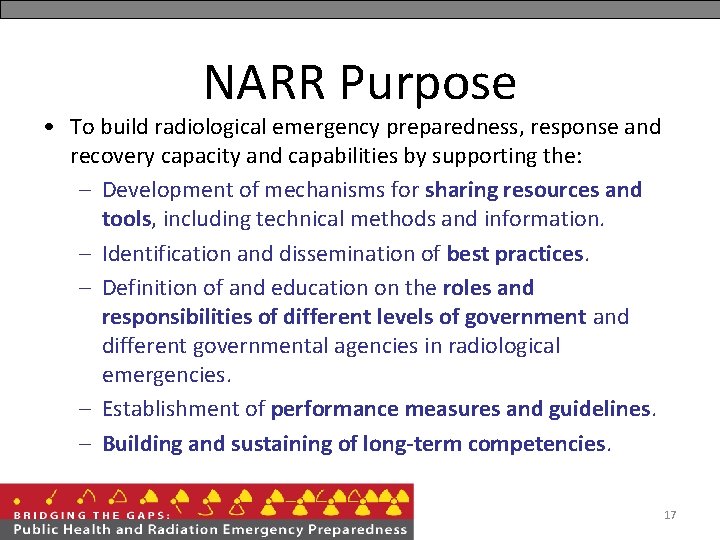 NARR Purpose • To build radiological emergency preparedness, response and recovery capacity and capabilities