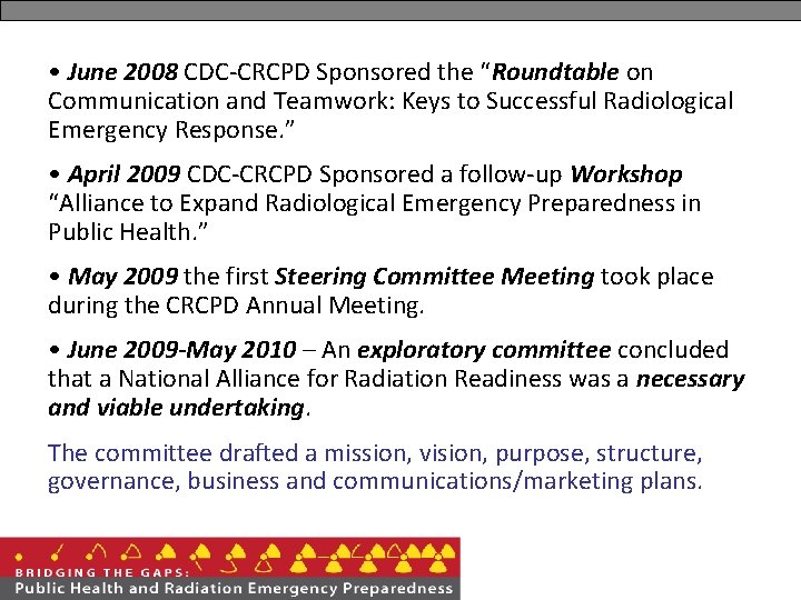  • June 2008 CDC-CRCPD Sponsored the “Roundtable on Communication and Teamwork: Keys to