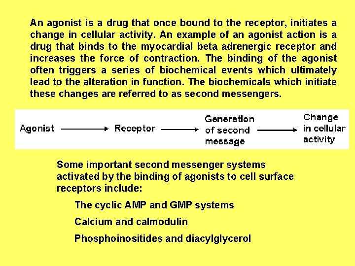 An agonist is a drug that once bound to the receptor, initiates a change