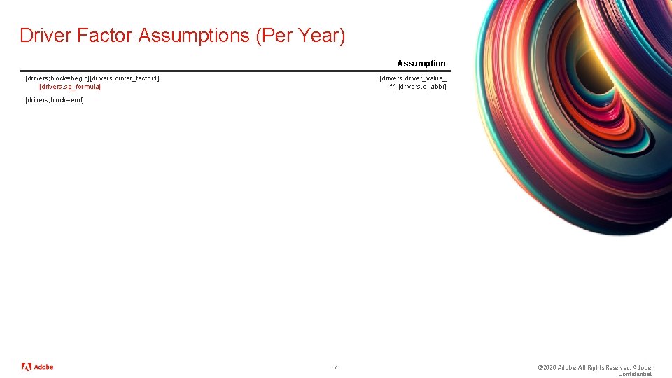 Driver Factor Assumptions (Per Year) Assumption [drivers; block=begin][drivers. driver_factor 1] [drivers. sp_formula] [drivers. driver_value_