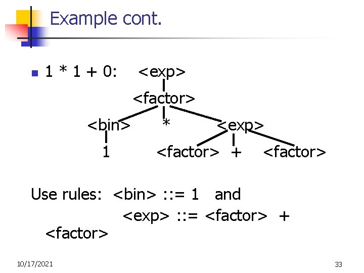 Example cont. n 1 * 1 + 0: <exp> <factor> <bin> 1 * <exp>