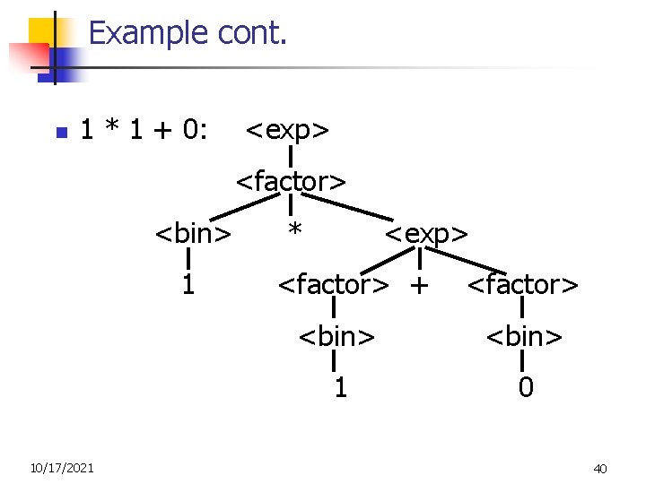 Example cont. n 1 * 1 + 0: <exp> <factor> <bin> 1 10/17/2021 *