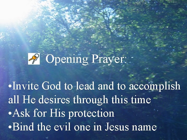 Opening Prayer: • Invite God to lead and to accomplish all He desires through