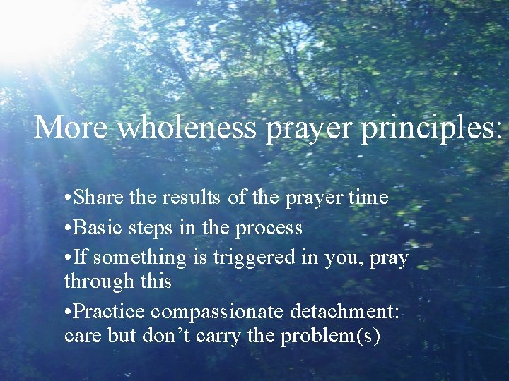 More wholeness prayer principles: • Share the results of the prayer time • Basic