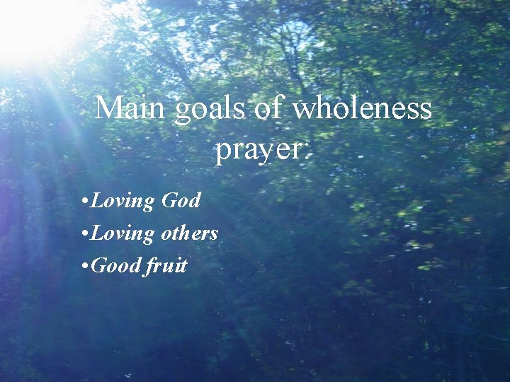 Main goals of wholeness prayer: • Loving God • Loving others • Good fruit