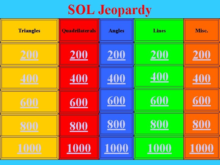 SOL Jeopardy Triangles Quadrilaterals Angles Lines Misc. 200 200 200 400 400 400 600