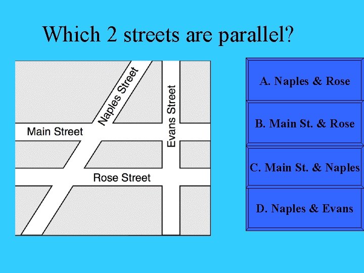 Which 2 streets are parallel? A. Naples & Rose B. Main St. & Rose